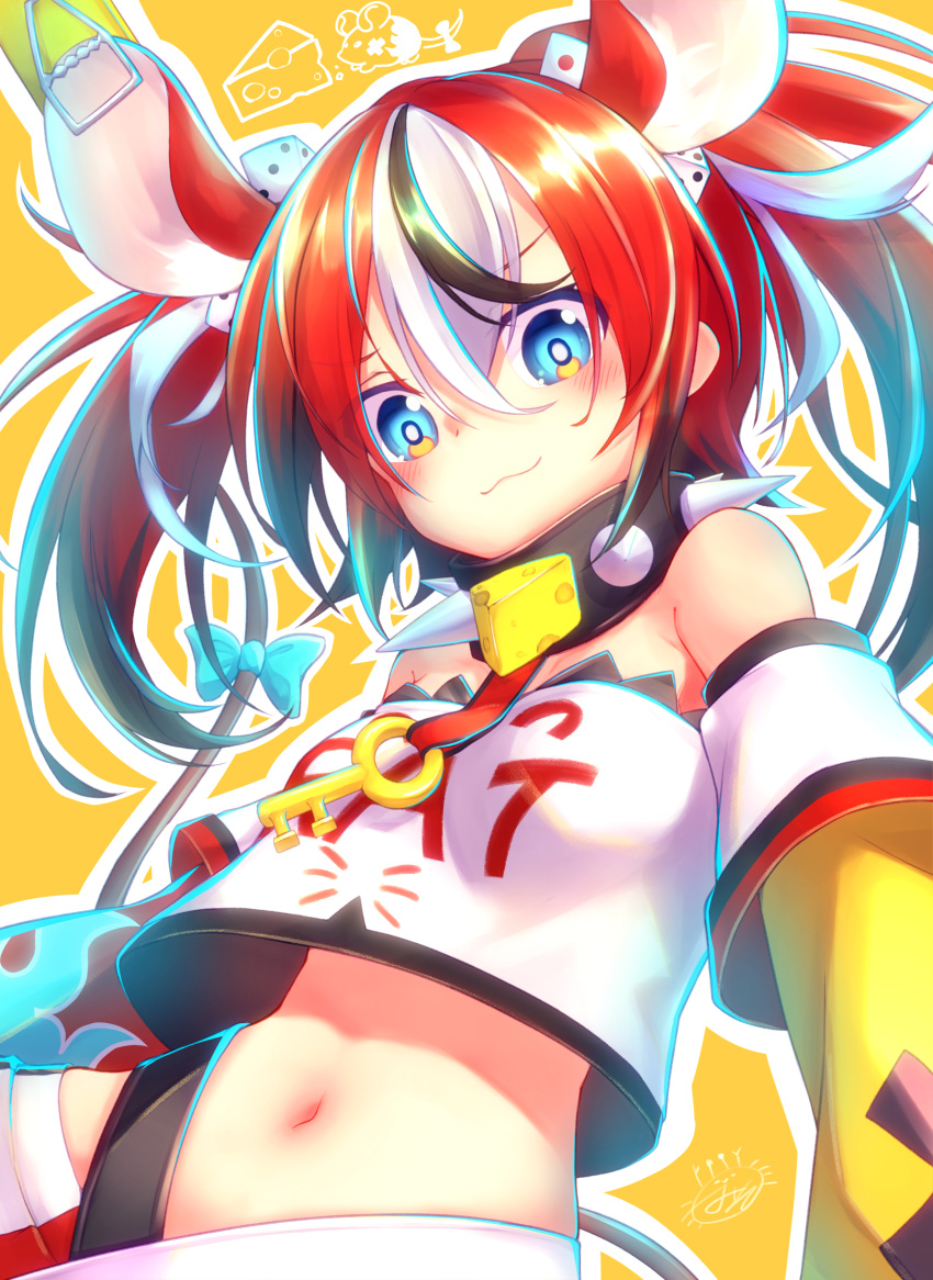 1girl :3 absurdres animal_ears blue_eyes blush closed_mouth collar detached_sleeves dice_hair_ornament hair_ornament hakos_baelz highres hololive hololive_english kanimiso_(juutilainen77) layered_sleeves looking_at_viewer midriff mouse_ears mouse_girl mousetrap multicolored_hair navel redhead smile solo spiked_collar spikes streaked_hair twintails virtual_youtuber white_hair white_tube_top
