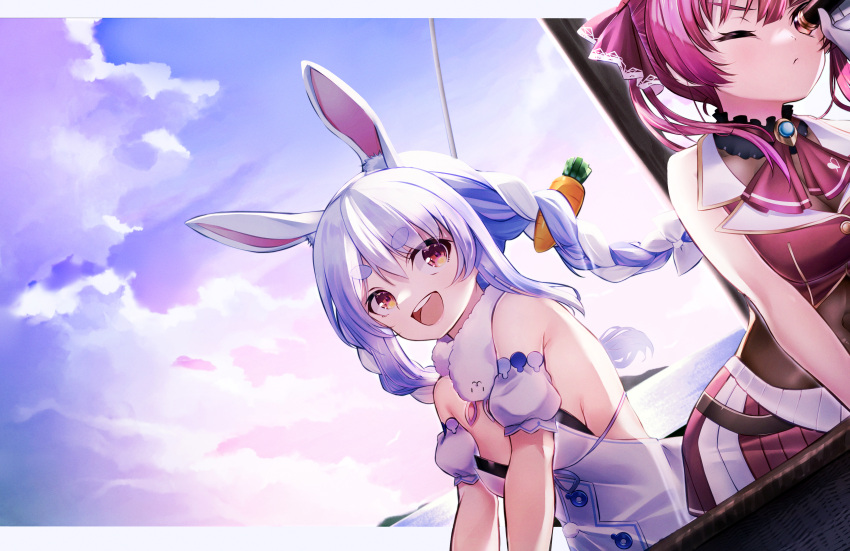 2girls :d absurdres animal_ear_fluff animal_ears bangs bare_shoulders black_leotard blue_hair blue_sky bow braid brown_leotard carrot_hair_ornament closed_mouth clouds commentary_request covered_navel day detached_sleeves don-chan_(usada_pekora) dress eyebrows_visible_through_hair food-themed_hair_ornament gloves hair_bow hair_ornament highres hiroikara_(smhong04) holding hololive houshou_marine leotard leotard_under_clothes looking_at_viewer multicolored_hair multiple_girls one_eye_closed outdoors pleated_skirt puffy_short_sleeves puffy_sleeves rabbit_ears red_eyes red_shirt red_skirt shirt short_eyebrows short_sleeves skirt sky sleeveless sleeveless_shirt smile spyglass strapless strapless_dress strapless_leotard teeth thick_eyebrows twin_braids twintails two-tone_hair upper_teeth usada_pekora virtual_youtuber white_bow white_dress white_gloves white_hair white_sleeves