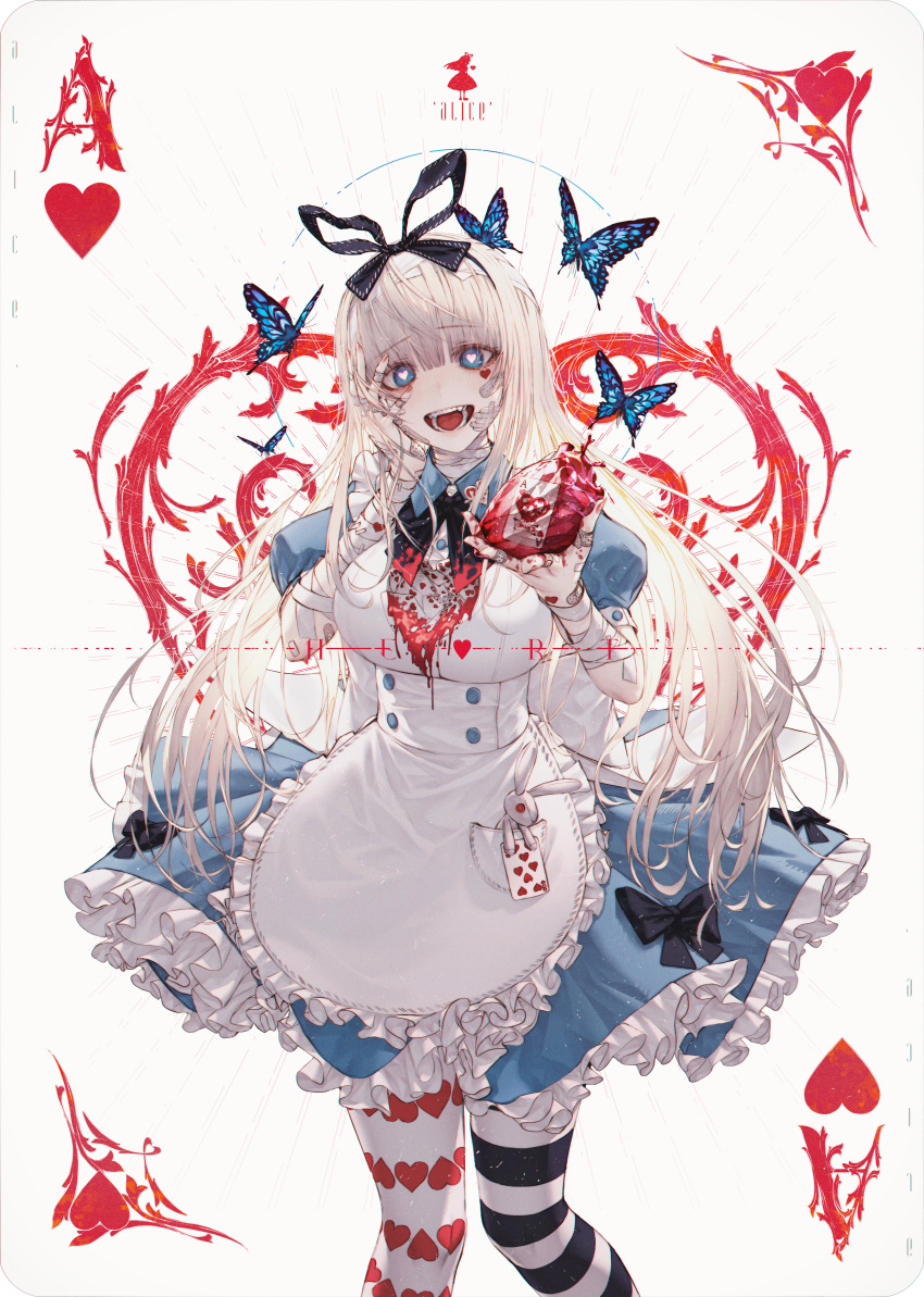 1girl absurdres ace_of_hearts alice_(alice_in_wonderland) alice_in_wonderland apron asymmetrical_legwear bandaged_arm bandages bandaid bandaid_on_arm bandaid_on_face bangs blonde_hair blood blue_butterfly blue_dress blue_eyes blush bow breasts bug butterfly card character_name commentary dress english_commentary eyebrows_visible_through_hair facial_mark frilled_apron frilled_dress frills hair_between_eyes hair_ribbon hand_on_own_face head_tilt heart heart-shaped_pupils heart_(organ) heart_facial_mark heart_print highres holding large_breasts long_hair looking_at_viewer mismatched_legwear open_mouth original pantyhose photoshop_(medium) playing_card playing_card_theme print_legwear puffy_short_sleeves puffy_sleeves ribbon short_sleeves simple_background solo standing striped striped_legwear stuffed_animal stuffed_bunny stuffed_toy symbol-shaped_pupils teeth underbust very_long_hair wanke white_apron