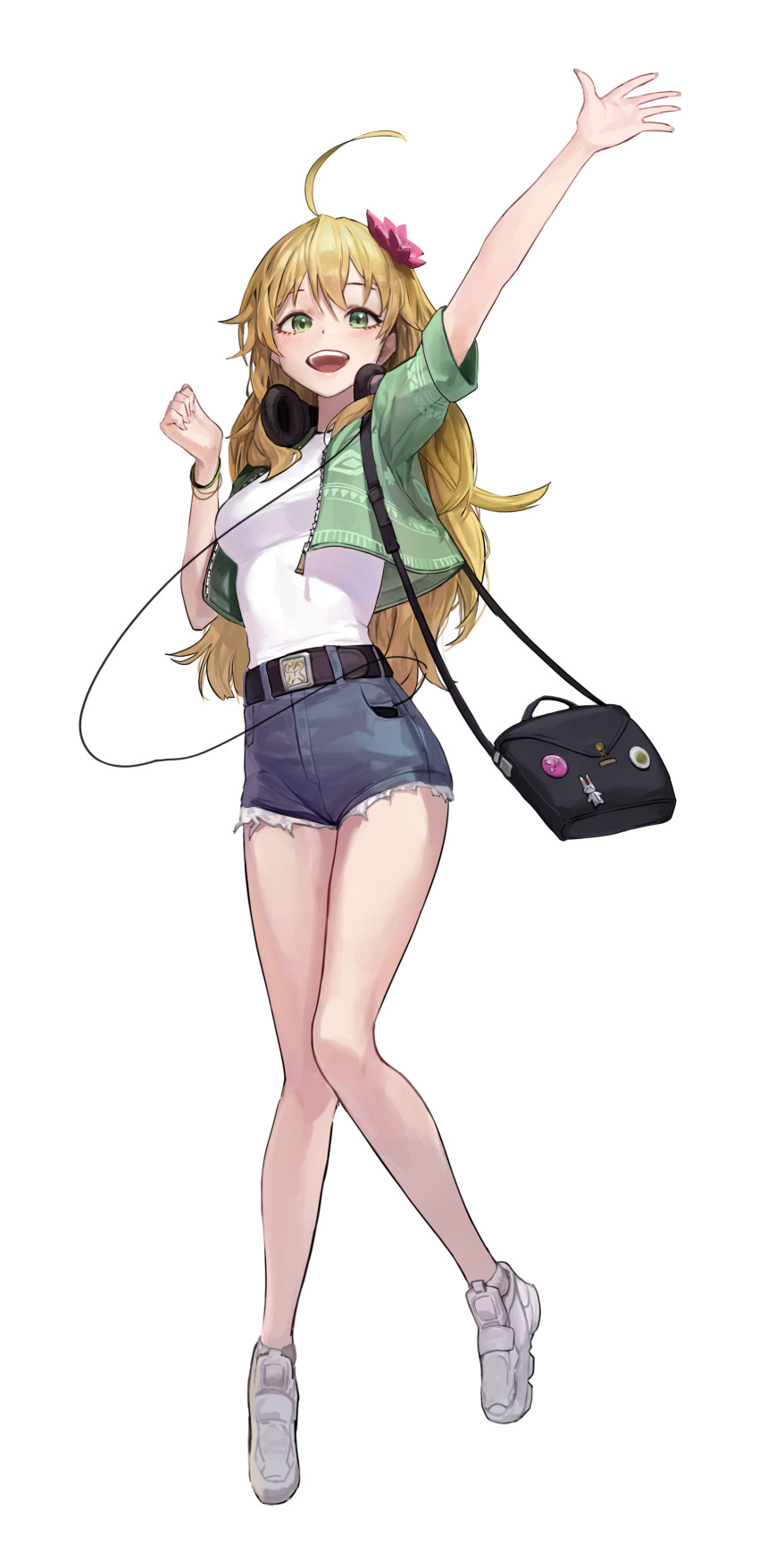 1girl absurdres ahoge arm_up bag bare_legs belt blonde_hair bracelet commentary denim denim_shorts english_commentary flower full_body green_eyes green_jacket hair_flower hair_ornament headphones headphones_around_neck highres jacket jewelry knees_together_feet_apart long_hair looking_at_viewer mac_star open_mouth original pink_flower shirt shirt_tucked_in shoes short_sleeves shorts shoulder_bag simple_background smile solo teeth upper_teeth waving white_background white_footwear white_shirt