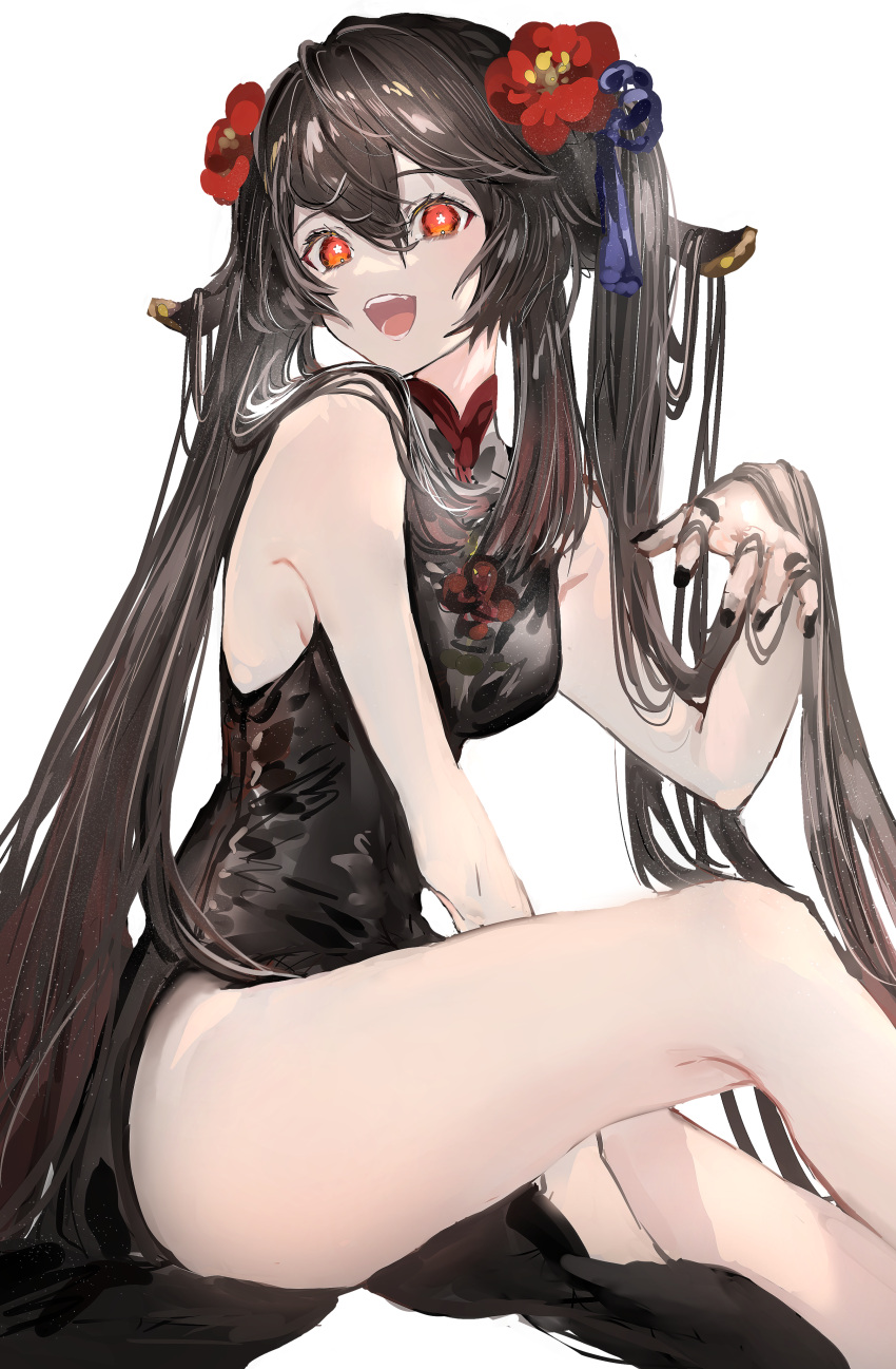 1girl absurdres bare_legs black_dress black_nails brown_hair dress flower genshin_impact hair_flower hair_ornament highres hu_tao_(genshin_impact) legs long_hair looking_at_viewer nail_polish nanaponi open_mouth red_eyes simple_background sitting sleeveless solo star-shaped_pupils star_(symbol) symbol-shaped_pupils thighs twintails very_long_hair white_background