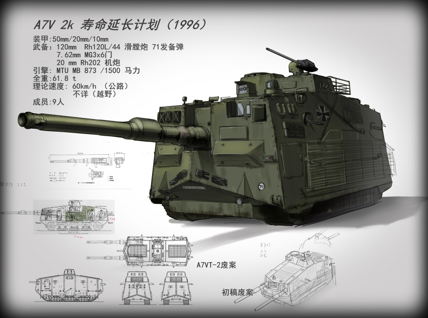 6+boys a7v_(tank) absurdres cannon caterpillar_tracks chinese_commentary chinese_text germany ground_vehicle gun highres iron_cross kuromori_(1010845110) machine_gun military military_vehicle motor_vehicle multiple_boys original tank tank_focus translation_request turretless_tank vehicle_focus weapon