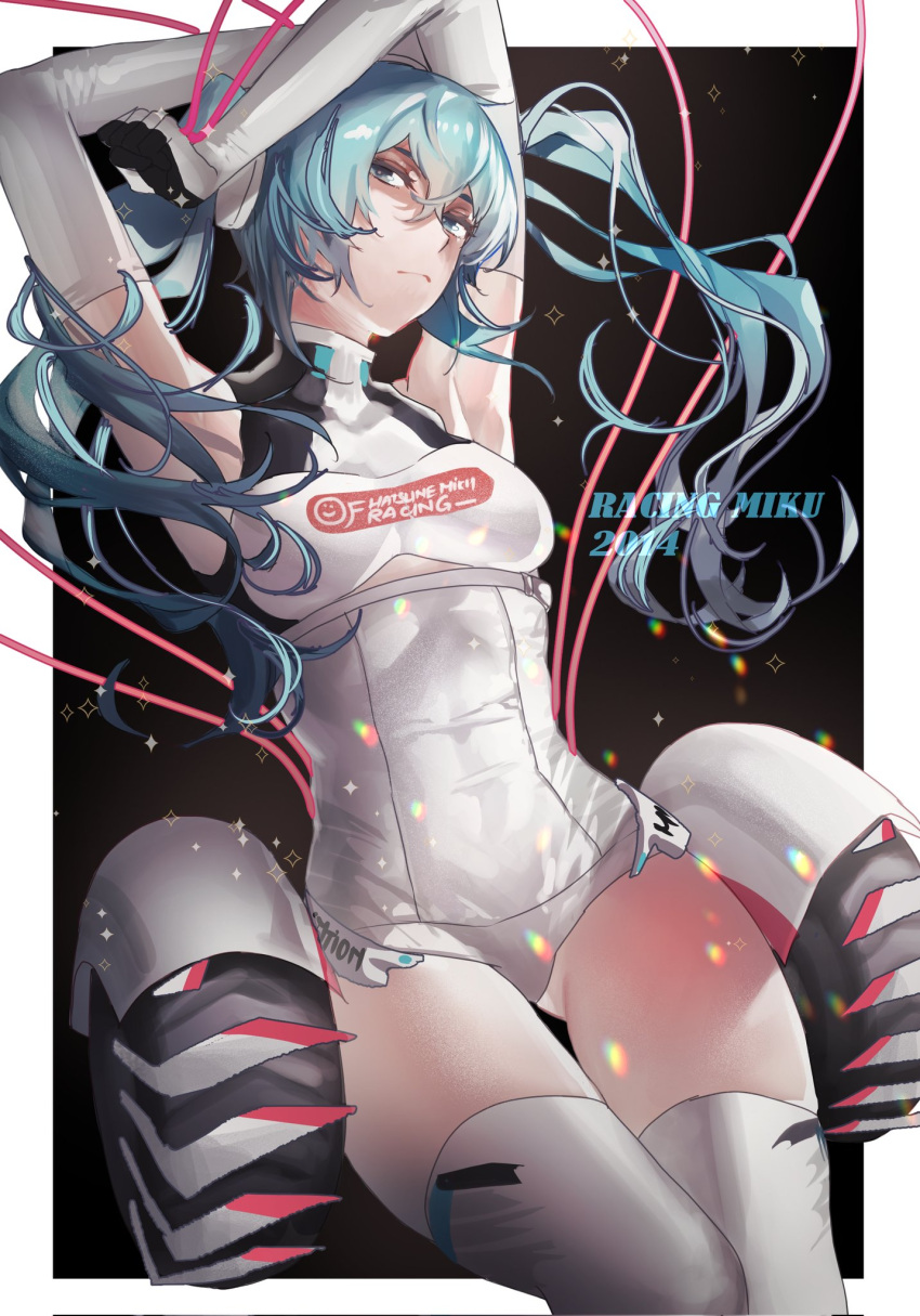 1girl blue_eyes blue_hair breasts cable elbow_gloves english_commentary frown gloves goodsmile_racing hanny_(uirusu_chan) hatsune_miku highres leotard long_hair racequeen racing_miku racing_miku_(2014) small_breasts solo thigh-highs thigh_gap twintails very_long_hair wheel white_gloves white_legwear white_leotard