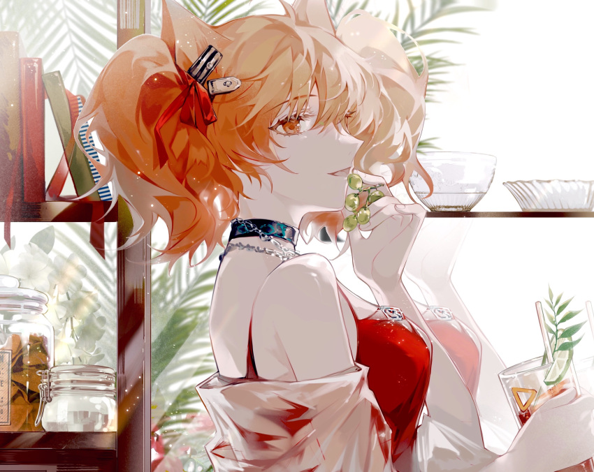 1girl absurdres angelina_(arknights) angelina_(summer_flowers)_(arknights) animal_ears arknights bangs bare_shoulders breasts brown_hair cup drinking_glass eyebrows_visible_through_hair food fox_ears fox_girl from_side fruit grapes hair_ribbon highres holding holding_cup holding_food holding_fruit infection_monitor_(arknights) jewelry juice long_hair looking_to_the_side medium_breasts official_alternate_costume profile red_eyes red_swimsuit reflection ribbon solo swimsuit twintails upper_body yi_jin_shihui_wumao_qian