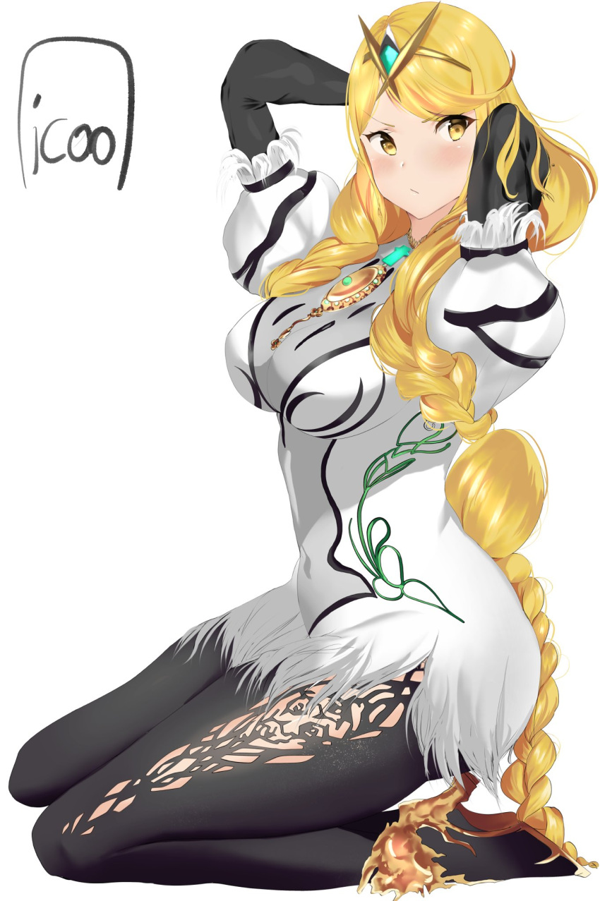 1girl bayonetta_(series) bayonetta_3 blonde_hair braid breasts chest_jewel cosplay highres icoo large_breasts long_hair multicolored_hair mythra_(xenoblade) pantyhose solo streaked_hair twin_braids very_long_hair xenoblade_chronicles_(series) xenoblade_chronicles_2 yellow_eyes