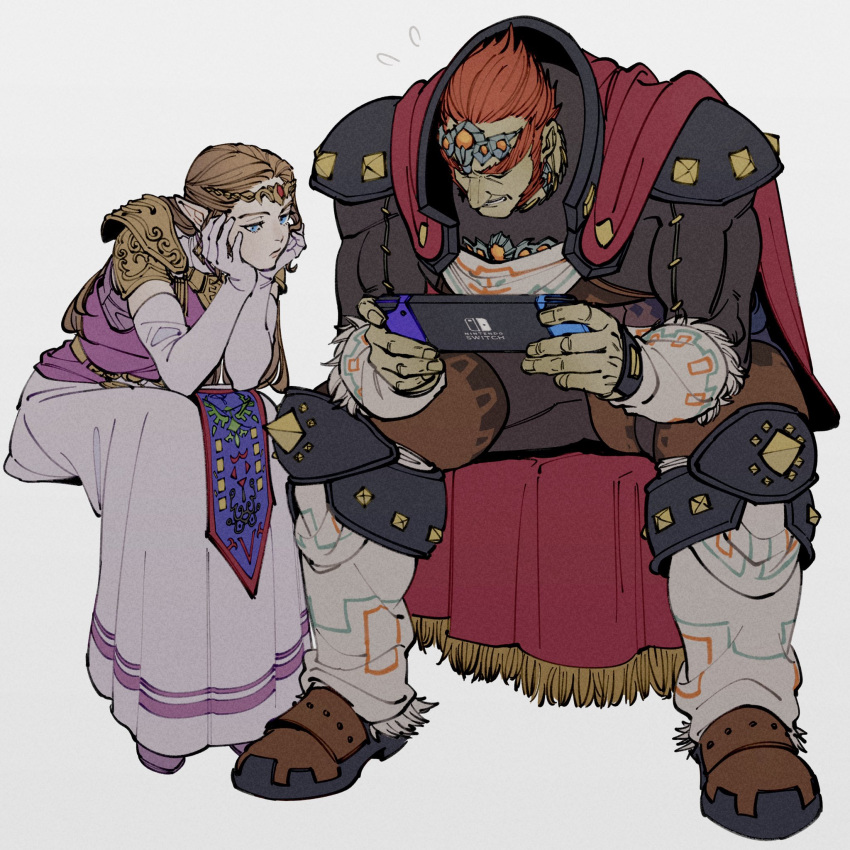 1boy 1girl arm_support armor blue_eyes boots brown_hair cape circlet closed_mouth colored_skin dark-skinned_male dark_skin elbow_gloves expressionless full_body ganondorf gloves green_skin hair_slicked_back head_rest highres invisible_chair knee_pads lips long_hair long_skirt looking_down muscular muscular_male nintendo_switch oimo_(oimkimn) pink_shirt playing_games pointy_ears princess_zelda red_cape redhead shirt short_hair shoulder_armor simple_background sitting skirt spread_legs sweatdrop the_legend_of_zelda white_gloves white_skirt