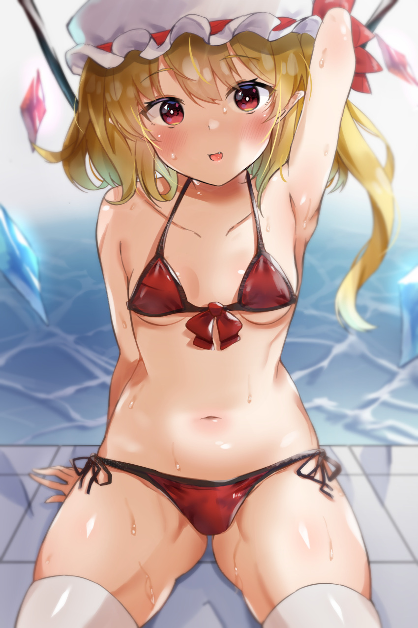 1girl :d absurdres arm_support arm_up armpits bangs bikini blonde_hair blurry blush breasts bright_pupils caustics commentary_request crystal depth_of_field eyebrows_visible_through_hair flandre_scarlet front-tie_top hair_between_eyes hat highres kamukamu_23 looking_at_viewer medium_hair mob_cap one_side_up open_mouth pool red_bikini red_eyes side-tie_bikini small_breasts smile solo swimsuit thigh-highs thighs tile_floor tiles touhou water white_headwear white_legwear white_pupils wings