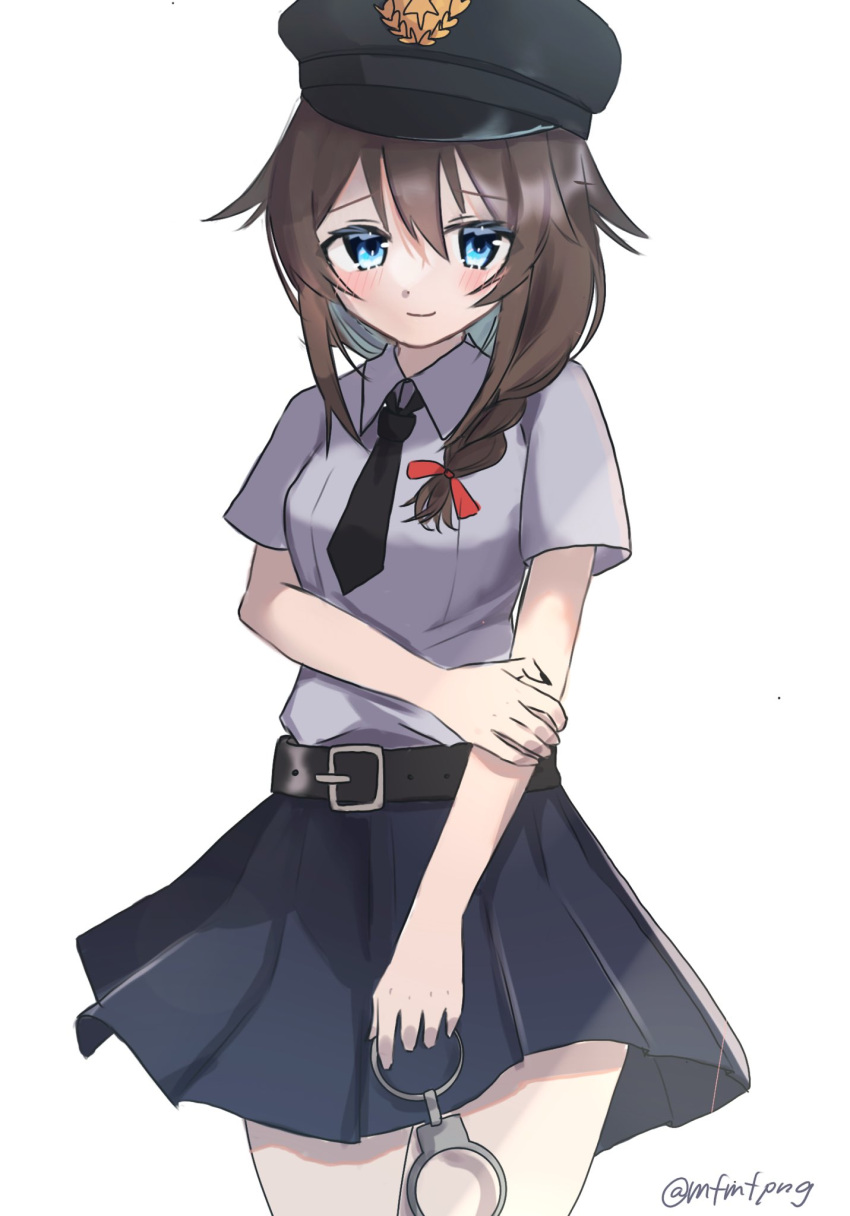 1girl alternate_costume bangs belt black_belt black_necktie blue_eyes blue_skirt blush braid breasts cuffs eyebrows_visible_through_hair hair_between_eyes hair_flaps hair_ribbon handcuffs hat highres holding holding_handcuffs kantai_collection looking_at_viewer necktie one-hour_drawing_challenge police police_hat red_ribbon ribbon shigure_(kancolle) shirt simple_background single_braid skirt small_breasts solo white_background white_shirt yoshino_(mfmfpng)
