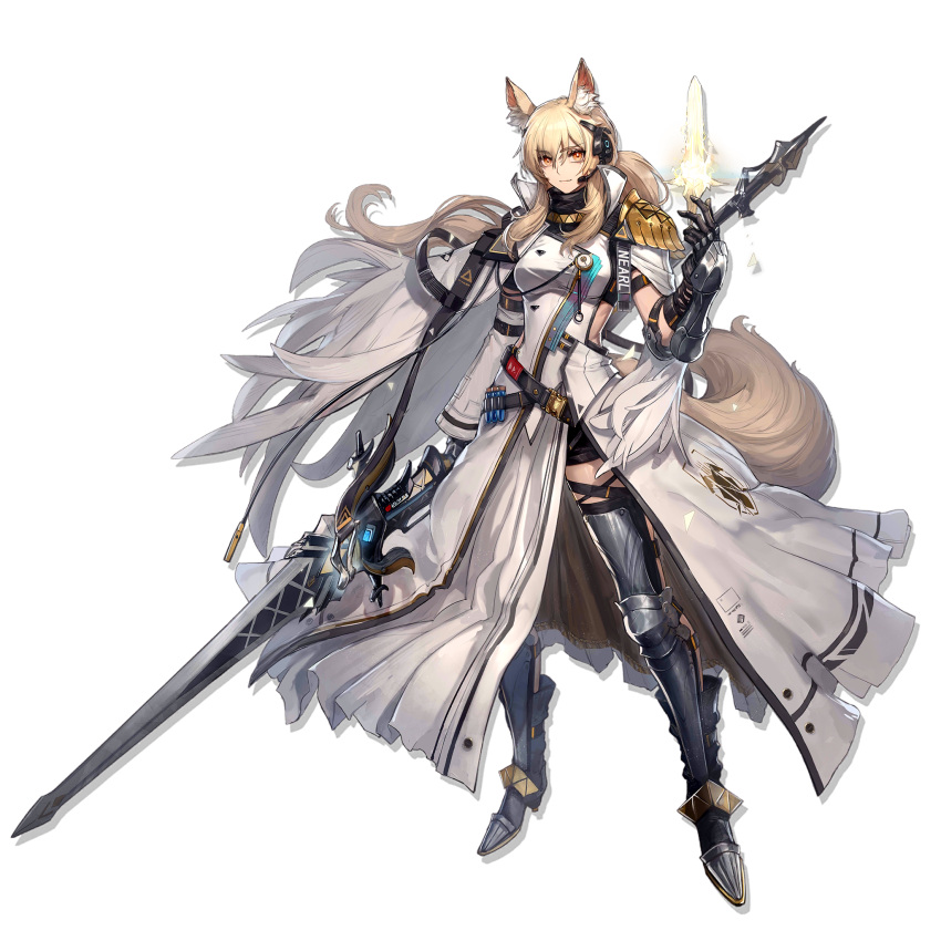1girl animal_ear_fluff animal_ears arknights armor bangs blonde_hair breasts dress eyebrows_visible_through_hair full_body greaves hair_between_eyes hand_up headset highres holding holding_polearm holding_weapon large_tail long_hair looking_at_viewer medium_breasts nearl_(arknights) nearl_the_radiant_knight_(arknights) official_art polearm ryuuzaki_ichi smile solo spear standing tail transparent_background very_long_hair weapon white_dress yellow_eyes
