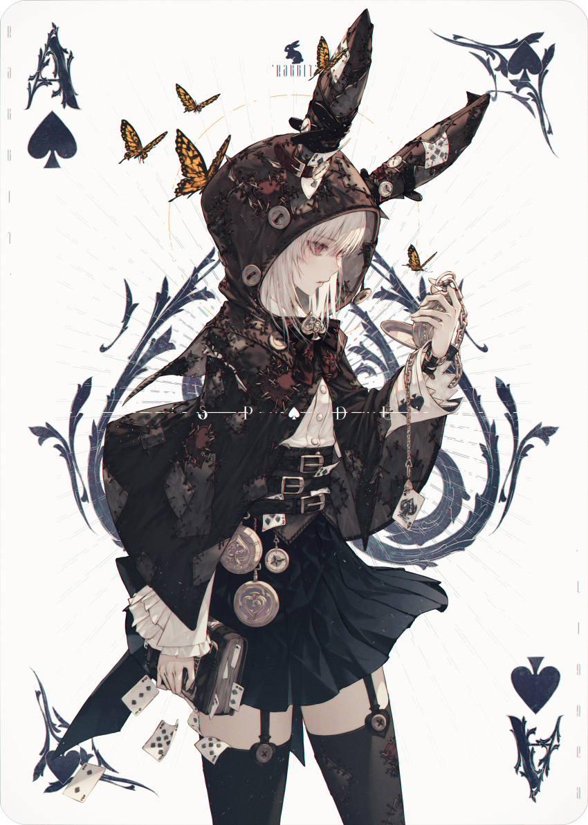 1girl absurdres ace_of_spades alice_in_wonderland animal_ears animal_hood bangs belt belt_buckle black_belt black_legwear black_skirt book brown_capelet buckle bug butterfly capelet card card_(medium) character_name commentary english_commentary eyebrows_visible_through_hair garter_straps hair_between_eyes highres holding holding_book holding_pocket_watch hood hooded_capelet long_sleeves looking_away looking_to_the_side original patches photoshop_(medium) playing_card playing_card_theme pleated_skirt pocket_watch profile rabbit_ears red_eyes shirt short_hair simple_background skirt solo standing thigh-highs wanke watch white_hair white_rabbit_(alice_in_wonderland) white_shirt yellow_butterfly