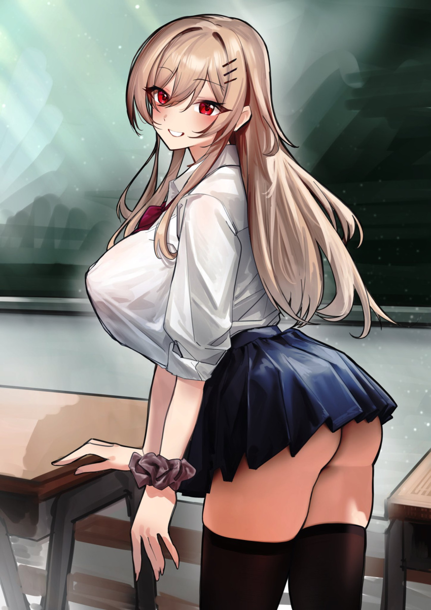 1girl ass black_legwear breasts brown_hair chalkboard classroom collar collared_shirt desk eyes_visible_through_hair furen_e_lustario grin hair_ornament hairpin highres large_breasts legs_together long_hair looking_at_viewer miniskirt nijisanji red_eyes school_uniform scrunchie scrunchie_on_wrist shirt skirt smile solo thick_thighs thigh-highs thighs turning_head urokong