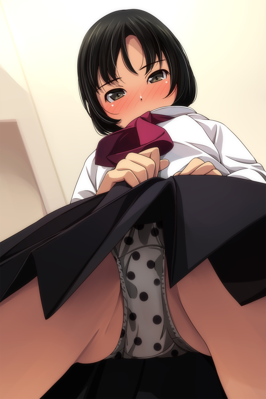 1girl absurdres bangs black_hair blush bob_cut brown_eyes ceiling commentary covered_mouth dress_shirt from_below hair_strand highres looking_at_viewer looking_down matsunaga_kouyou narrowed_eyes neckerchief nose_blush original panties pantyshot pleated_skirt polka_dot polka_dot_panties school_uniform shirt short_hair skirt solo underwear white_panties white_shirt