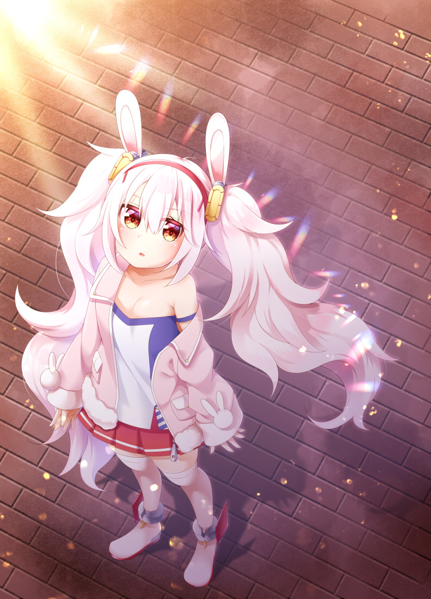 1girl absurdres animal_ears azur_lane breasts dani_(kamenoaru) fake_animal_ears from_above full_body hair_between_eyes highres jacket laffey_(azur_lane) long_hair looking_at_viewer looking_up miniskirt open_clothes open_jacket pink_jacket pleated_skirt rabbit_ears red_skirt rudder_footwear shadow skirt small_breasts solo standing thigh-highs twintails very_long_hair white_legwear yellow_eyes