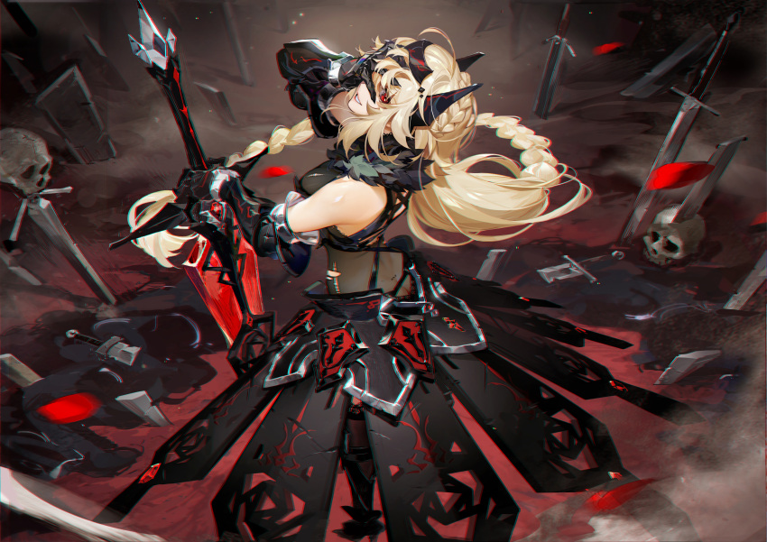 1girl absurdres blonde_hair braid braided_ponytail butt_crack circlet from_above gauntlets han-0v0 hand_on_own_face highres horns long_hair looking_at_viewer original red_eyes skirt skull solo sword thigh-highs weapon