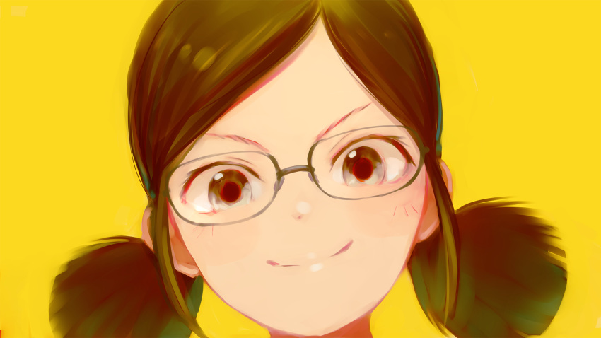 1girl brown_eyes brown_hair glasses highres idolmaster idolmaster_cinderella_girls looking_at_viewer negy portrait saejima_kiyomi short_hair short_twintails simple_background solo twintails yellow_background