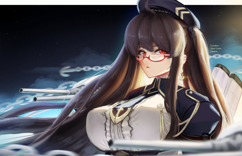1girl alternate_breast_size anchor_symbol artillery artist_name azur_lane beret breasts brown_hair chain character_name framed_breasts hat highres huge_breasts jacket lieeux london_(azur_lane) long_hair looking_at_viewer night night_sky purple_headwear purple_jacket red-framed_eyewear red_eyes retrofit_(azur_lane) semi-rimless_eyewear shirt sky solo turret upper_body very_long_hair white_shirt