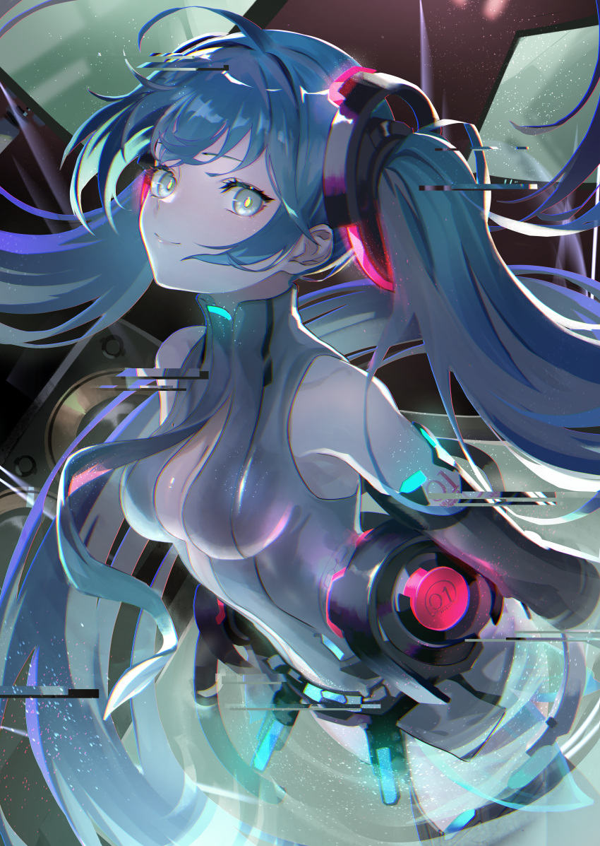 1girl absurdres asagon007 bangs bare_shoulders blue_hair closed_mouth commentary_request dark glitch green_eyes hair_ornament hatsune_miku highres long_hair looking_at_viewer multicolored_hair number_tattoo smile solo tattoo twintails upper_body very_long_hair vocaloid