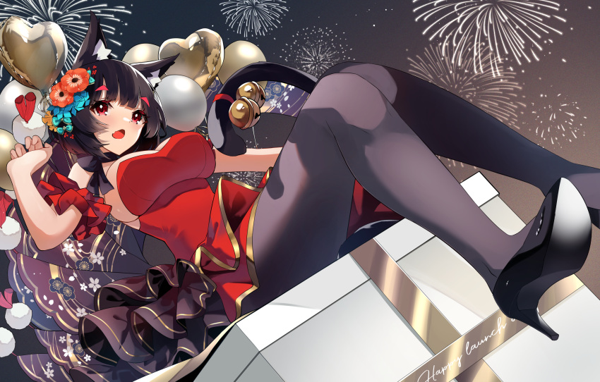 1girl :o animal_ear_fluff animal_ears azur_lane balloon bell black_footwear black_hair black_legwear box breasts cat_ears cat_tail commentary_request dress dutch_angle eyebrows_visible_through_hair fang fireworks floral_print flower gift gift_box hair_flower hair_ornament heart_balloon high_heels highres jingle_bell large_breasts looking_at_viewer mismatched_eyebrows night red_dress red_eyes short_hair sitting skin_fang sky solo tail tail_bell tail_ornament yamaha_tsui yamashiro_(azur_lane) yamashiro_(dressy_black_cat)_(azur_lane)