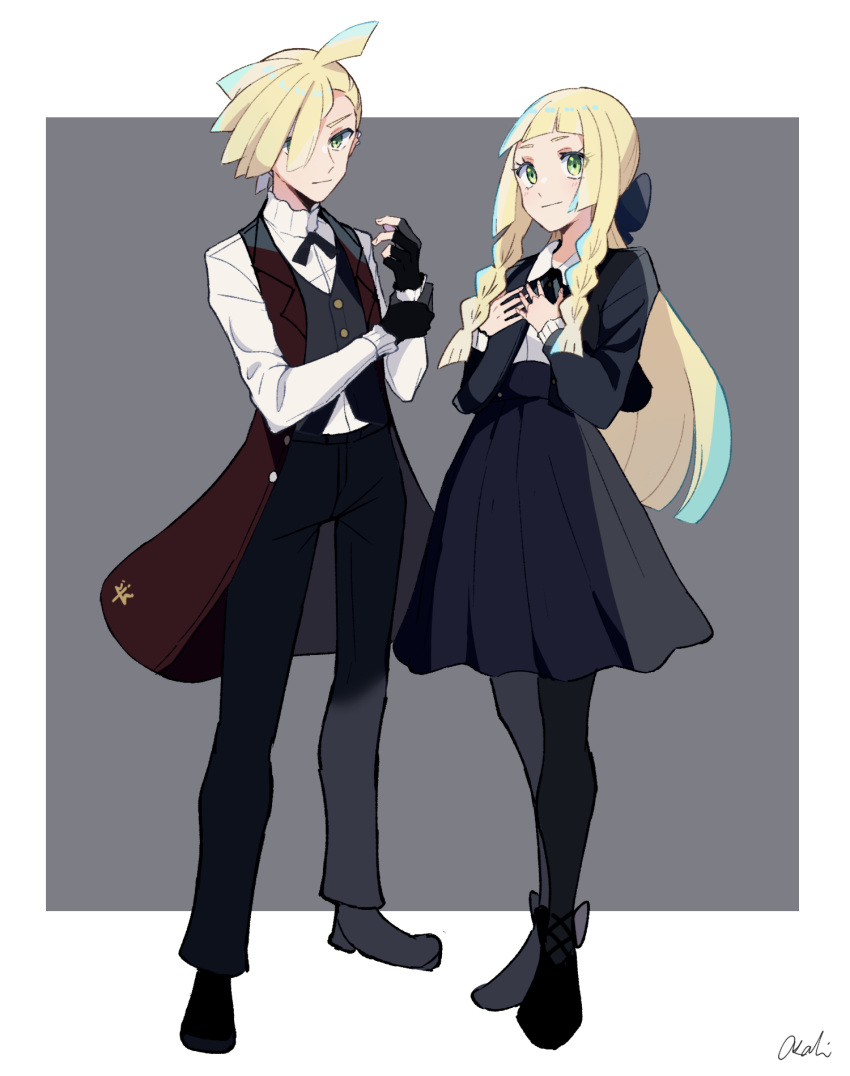 1boy 1girl ahoge alternate_costume bangs black_footwear black_gloves black_pants black_ribbon black_skirt blonde_hair braid brother_and_sister buttons closed_mouth fingerless_gloves full_body gladion_(pokemon) gloves green_eyes hair_over_one_eye highres lillie_(pokemon) long_hair long_sleeves neck_ribbon pants pantyhose pokemon pokemon_(game) pokemon_sm ribbon shirt shoes short_hair siblings signature skirt smile standing tere_asahi twin_braids vest white_shirt