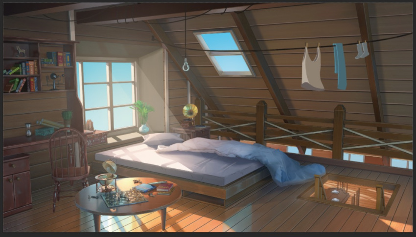 bed bed_sheet bedroom board_game book box cactus chair chess chess_piece chessboard chinese_commentary commentary_request day desk flower_pot hanging hourglass no_humans original phonograph pillow plant scarf scenery shelf shirt sky socks sunlight table window xingzhi_lv