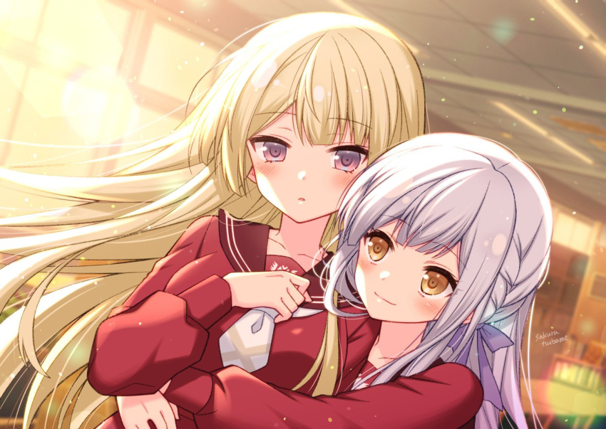 2girls artist_name assault_lily bangs blonde_hair blurry blurry_background blush book bookshelf braid breasts ceiling closed_mouth collarbone commentary_request commission dutch_angle evening eyebrows_visible_through_hair floating_hair hair_ribbon hand_on_own_chest hand_up hug hug_from_behind indoors kanba_girls_high_school_uniform kon_kanaho large_breasts lens_flare light_particles long_hair long_sleeves looking_at_viewer miyagawa_takane multiple_girls necktie parted_lips pink_eyes purple_ribbon red_sailor_collar red_shirt ribbon sailor_collar sakura_tsubame school_uniform serafuku shiny shiny_hair shirt short_necktie silver_hair skeb_commission smile sunlight table upper_body white_necktie window yellow_eyes yuri