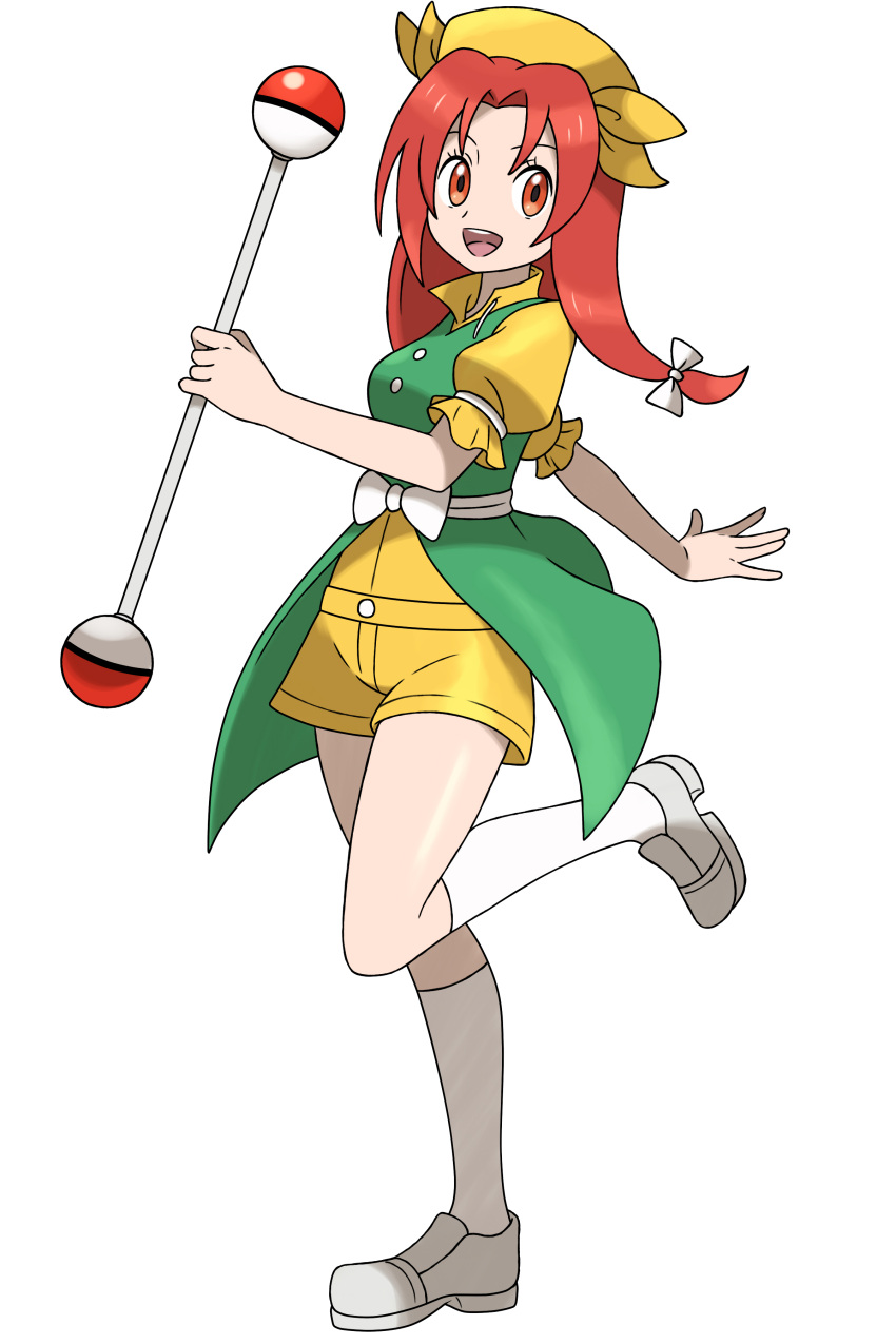 absurdres asatsuki_(fgfff) bangs bow green_vest happy highres leg_up looking_at_viewer open_mouth orange_(touhou) parted_bangs poke_ball puffy_short_sleeves puffy_sleeves red_eyes redhead shirt short_sleeves shorts standing standing_on_one_leg touhou touhou_(pc-98) vest white_bow white_footwear white_legwear white_shirt white_shorts yellow_headwear