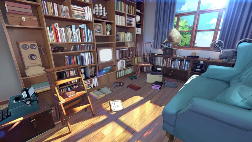 blue_sky book box camera chair chinese_commentary clock clouds commentary_request couch curtains day hourglass model_kit movie_camera no_humans original phonograph plant radio scenery scroll shade shelf sky sunlight television tree typewriter window wooden_floor xingzhi_lv