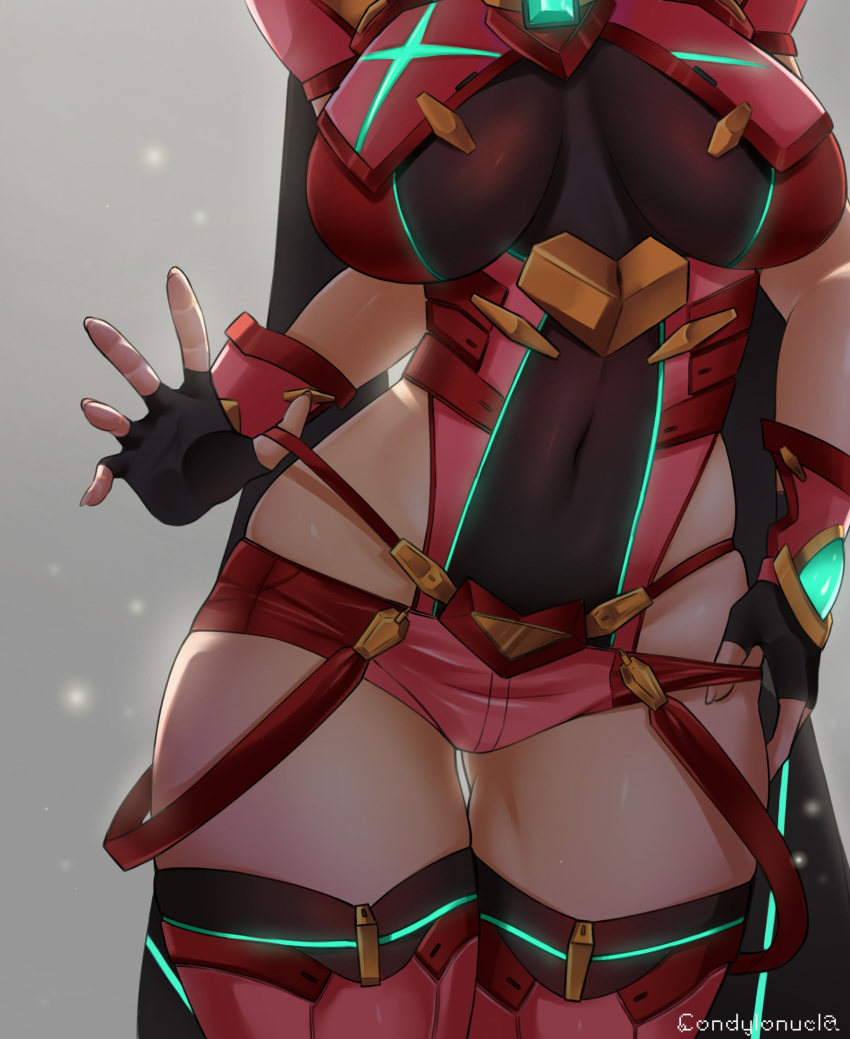 1girl armor artist_name black_gloves breasts chest_jewel condylonucla covered_navel english_commentary fingerless_gloves gloves grey_background head_out_of_frame highleg highleg_leotard highres large_breasts leotard micro_shorts navel pyra_(xenoblade) red_legwear red_shorts shiny shiny_clothes shiny_skin shorts simple_background skindentation solo sparkle stomach strap_pull thigh-highs thigh_gap thighs xenoblade_chronicles_(series) xenoblade_chronicles_2