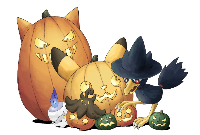 bird bright_pupils commentary_request fire flame halloween highres jack-o'-lantern litwick llo-olly murkrow no_humans pokemon pokemon_(creature) pumpkaboo red_eyes white_pupils yellow_eyes