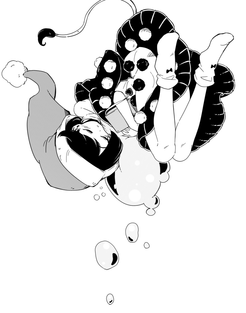 1girl book closed_eyes doremy_sweet dress greyscale hat highres holding holding_book maguro_(mawaru_sushi) monochrome nightcap no_shoes pom_pom_(clothes) socks solo tail tapir_tail touhou white_background
