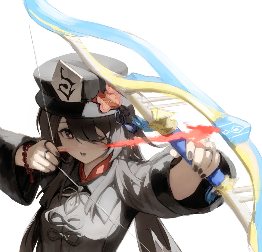 1girl absurdres aiming bead_bracelet beads black_nails bracelet brown_hair crossbow egk513 genshin_impact hat highres holding holding_weapon hu_tao_(genshin_impact) jewelry long_hair long_sleeves nail_polish one_eye_closed red_eyes simple_background solo star-shaped_pupils star_(symbol) symbol-shaped_pupils top_hat upper_body weapon white_background wide_sleeves