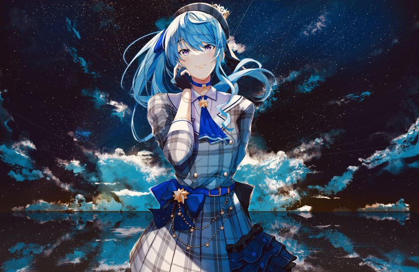 1girl absurdres ascot bangs belt beret black_gloves blue_ascot blue_belt blue_bow blue_choker blue_hair blue_ribbon bow bow_skirt buttons choker collared_shirt crown double-breasted gloves grey_headwear grey_jacket grey_skirt hair_ribbon hat highres hololive hoshimachi_suisei jacket jewelry long_hair long_sleeves maruno_ball miniskirt ocean partially_fingerless_gloves pendant plaid plaid_headwear plaid_jacket plaid_skirt reflection ribbon shirt side_ponytail sidelocks skirt skirt_set sky solo star_(sky) star_bracelet starry_background starry_sky thigh_strap violet_eyes virtual_youtuber white_shirt