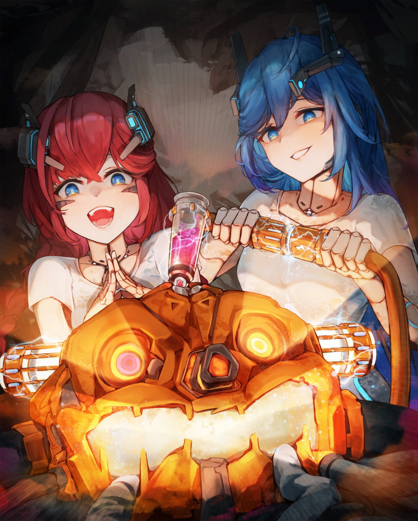 2girls absurdres android bangs blue_eyes blue_hair cable electricity fingers_together hair_between_eyes halloween highres holding holding_cable jack-o'-lantern joints light long_hair multiple_girls open_mouth original redhead robot_joints shirt short_sleeves siblings sisters smile taiu white_shirt