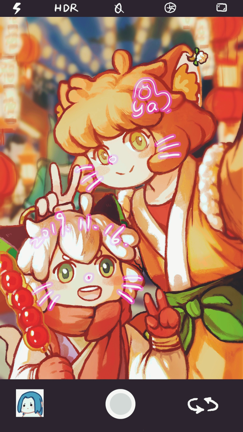 1boy 1girl animal_ear_fluff animal_ears bangs blurry blurry_background blush cat_boy cat_ears festival fox_ears fox_girl gloves green_eyes height_difference highres luoxiaohei open_mouth orange_hair phone_screen qingjian900 red_gloves red_scarf ruoshui_(the_legend_of_luoxiaohei) scarf selfie short_hair smile the_legend_of_luo_xiaohei upper_body v white_hair