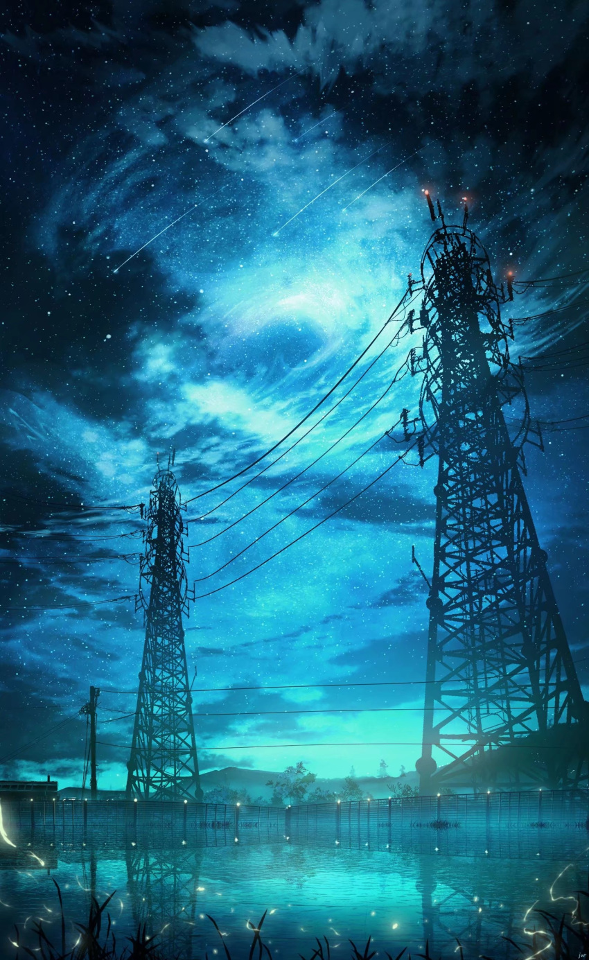 absurdres bug clouds firefly grass highres hill meteor_shower night night_sky no_humans original outdoors reflection reflective_water scenery sky skyrick9413 star_(sky) starry_sky transmission_tower tree water