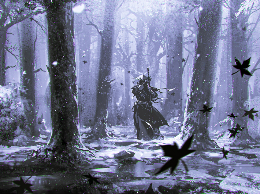 1boy absurdres armor facing_viewer falling_leaves forest hat highres japanese_armor kalmahul katana leaf nature original outdoors ronin scenery snow snowing solo standing sword tree water weapon winter