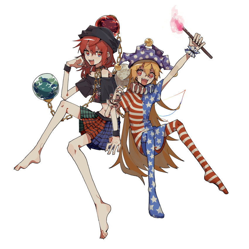 2girls :d absurdres american_flag_dress american_flag_legwear arm_up bangs bare_shoulders barefoot black_choker black_headwear black_shirt blonde_hair blunt_bangs chain choker clothes_writing clownpiece commentary earth_(ornament) fairy_wings fangs full_body gold_chain hair_between_eyes hand_up hat hecatia_lapislazuli highres holding holding_torch jester_cap legs locked_arms long_hair looking_at_viewer medium_hair moon_(ornament) multicolored_clothes multicolored_skirt multiple_girls neck_ruff off_shoulder plaid plaid_skirt polka_dot purple_headwear red_eyes redhead section_(prrx8584) shirt short_sleeves simple_background skirt smile star_(symbol) star_print t-shirt torch touhou very_long_hair white_background wings