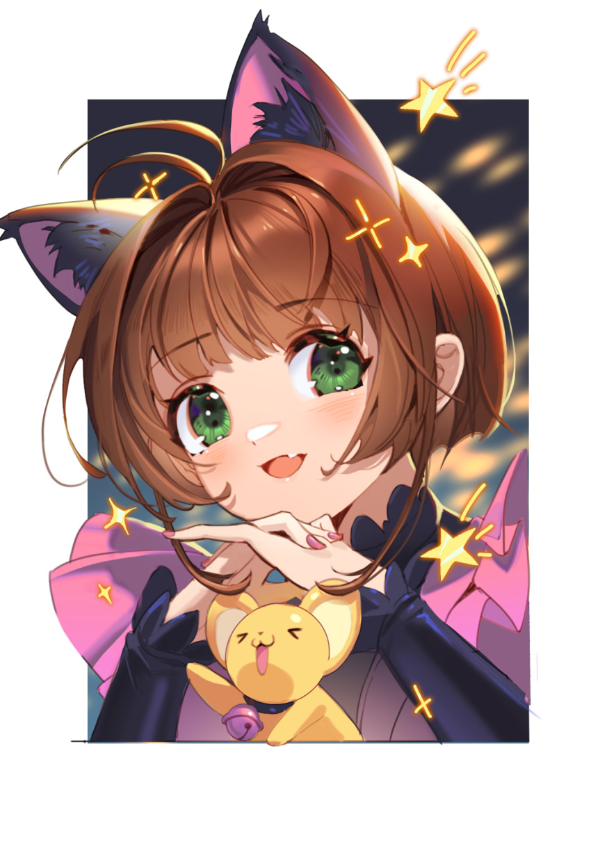 &gt;o&lt; 1girl :d animal_ears antenna_hair bangs bell brown_hair cardcaptor_sakura cat_ears commentary dress eyebrows_visible_through_hair fang green_eyes hair_intakes hands_up highres interlocked_fingers jingle_bell kero kinomoto_sakura long_sleeves looking_at_viewer mio-muo1206 outside_border own_hands_together pink_dress pink_nails short_hair sidelocks smile sparkle star_(symbol) upper_body