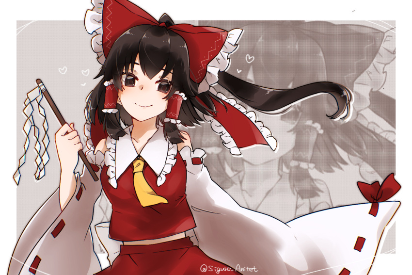 1girl ascot bow brown_eyes brown_hair detached_sleeves frilled_bow frilled_hair_tubes frills gohei hair_tubes hakurei_reimu holding holding_gohei looking_at_viewer nontraditional_miko red_bow red_shirt red_skirt shigure_rin shirt skirt skirt_set sleeveless sleeveless_shirt smile touhou wide_sleeves yellow_ascot
