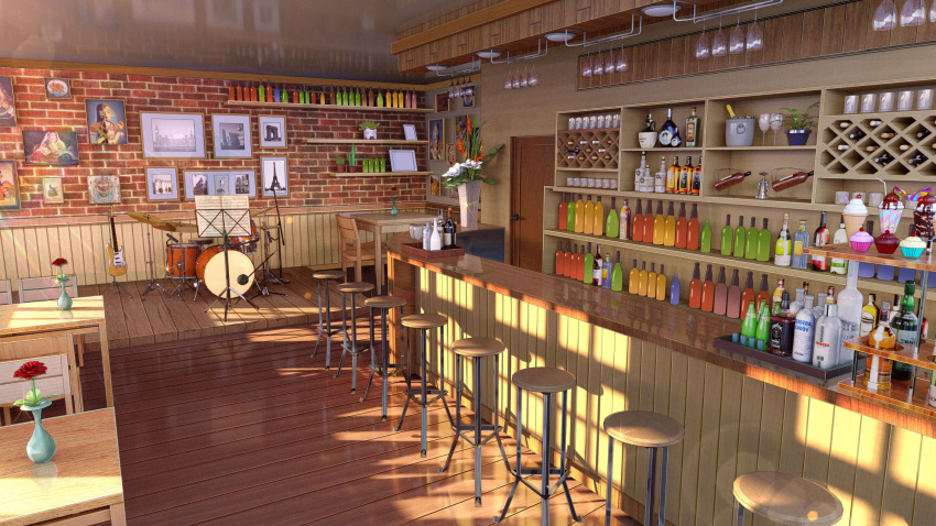 alcohol bar bottle chair chinese_commentary commentary_request cup cupcake day dessert drinking_glass drum flower flower_pot food guitar highres instrument lamp liquor no_humans original painting_(object) paper plant portrait_(object) red_flower red_rose reflective_floor rose scenery shade shelf stool sunlight table vase wine wine_glass wooden_floor xingzhi_lv
