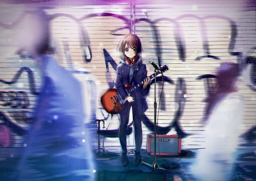 1girl absurdres amplifier_(instrument) bangs black_footwear blurry blurry_foreground brown_eyes brown_hair chromatic_aberration closed_mouth clothing_request commentary_request electric_guitar eyebrows_visible_through_hair full_body graffiti guitar hair_ornament hairclip headphones headphones_around_neck highres hirasawa_yui holding holding_instrument instrument jacket k-on! light_blush light_smile looking_at_viewer medium_hair microphone microphone_stand motion_blur outdoors short_hair solo_focus standing verse
