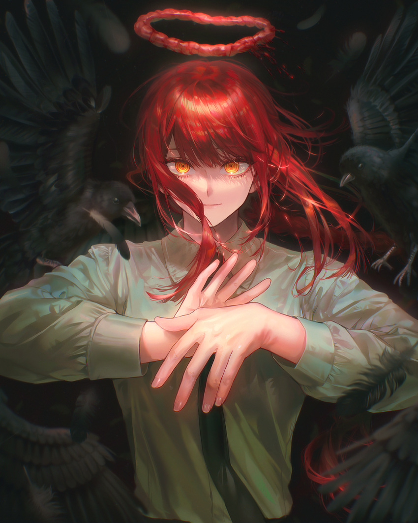 1girl bangs bird black_background black_feathers black_necktie blunt_bangs braid chainsaw_man collared_shirt crow feathers formal halo hands_up highres long_hair long_sleeves looking_at_viewer makima_(chainsaw_man) necktie nyam_030 own_hands_together redhead ringed_eyes shirt single_braid smile solo upper_body white_shirt yellow_eyes