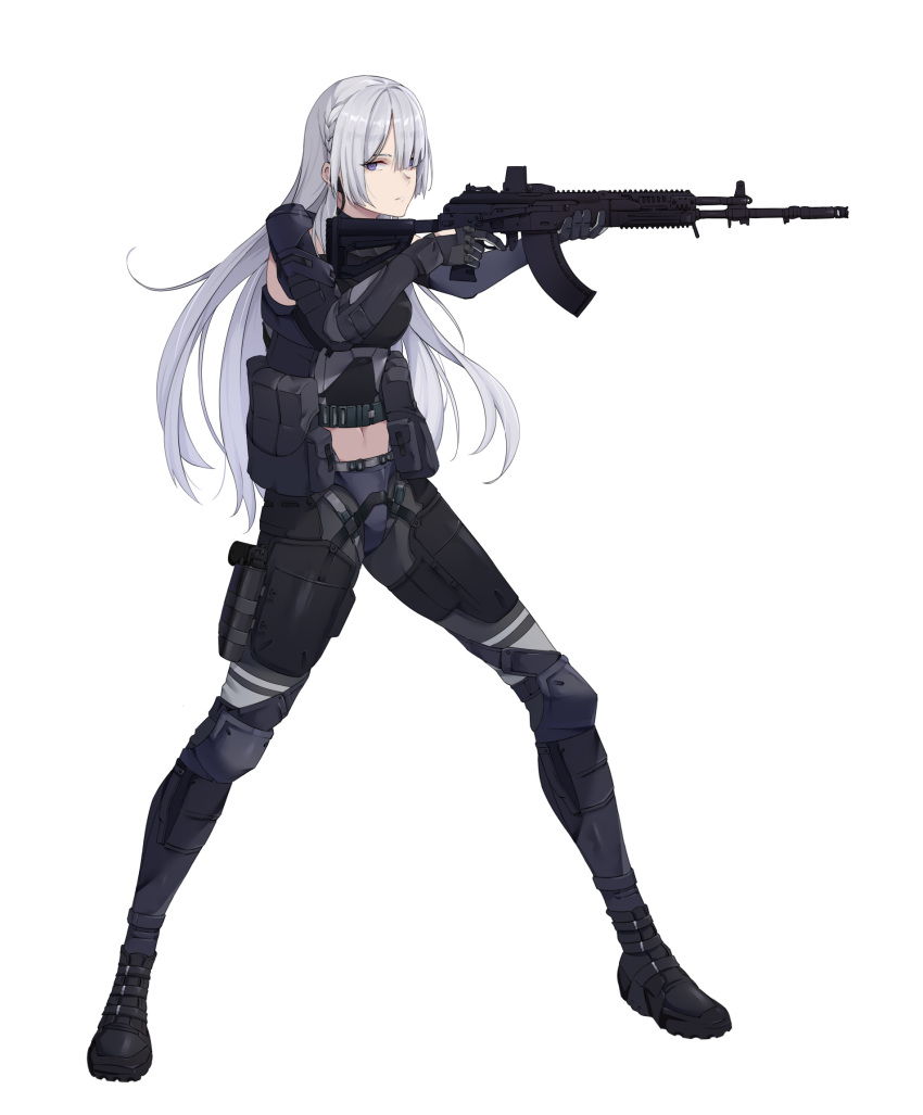1girl ak-15 ak-15_(girls'_frontline) assault_rifle black_footwear black_gloves braid breasts closed_mouth eyebrows_visible_through_hair french_braid from_side full_body girls_frontline gloves gun headphones highres holding holding_gun holding_weapon holstered_weapon kalashnikov_rifle knee_pads long_hair looking_to_the_side navel rifle sidelocks silver_hair solo standing tactical_clothes violet_eyes weapon white_background wsfw