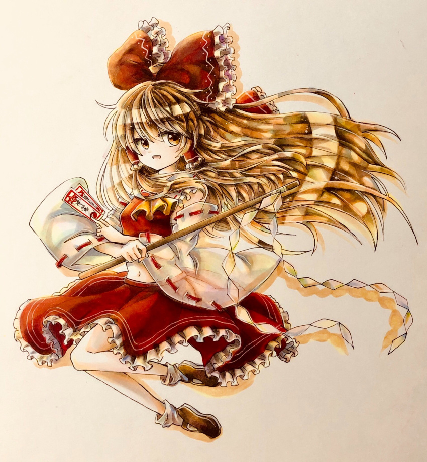 1girl :d ascot bangs bow brown_eyes brown_footwear brown_hair collar commentary detached_sleeves eyebrows_visible_through_hair frilled_collar frilled_hair_tubes frilled_ribbon frilled_skirt frills gohei hair_bow hair_tubes hakurei_reimu highres hisako_(6anmbblfnjueeff) long_hair mary_janes navel ofuda open_mouth photo_(medium) red_bow red_shirt red_skirt ribbon ribbon-trimmed_collar ribbon-trimmed_sleeves ribbon_trim see-through_sleeves shirt shoes sidelocks skirt skirt_set smile socks solo touhou traditional_media white_collar white_legwear wide_sleeves yellow_neckwear