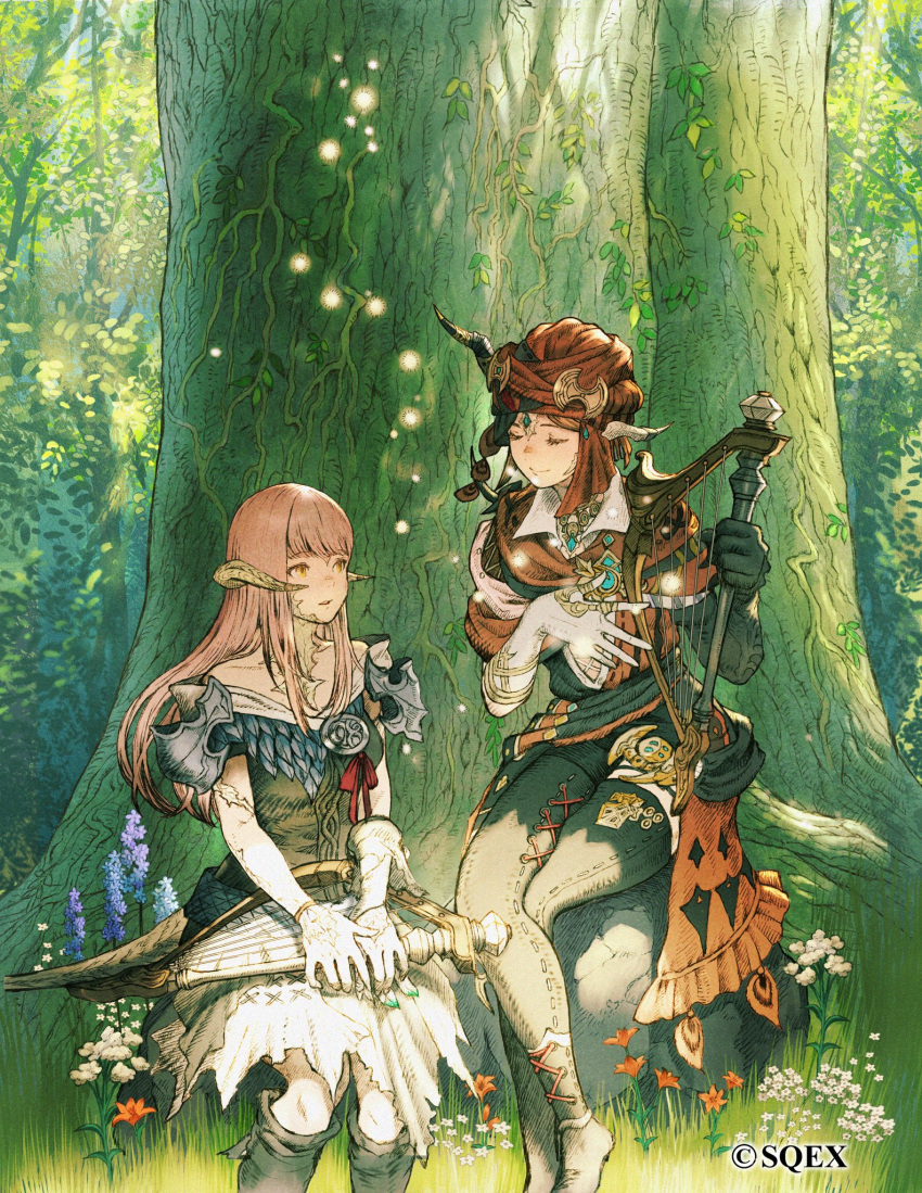 2girls armor au_ra avatar_(ffxiv) bangs bard_(final_fantasy) bare_shoulders belt black_footwear black_gloves black_legwear blunt_bangs boots brooch brown_shirt closed_eyes coat commentary company_name crossed_legs dragon_horns dragon_tail final_fantasy final_fantasy_xiv flower forest gloves harp highres holding holding_instrument horn_ornament horn_ring horns instrument jewelry kuroimori long_hair multiple_girls nature necklace off-shoulder_shirt off_shoulder orange_coat orange_hair outdoors parted_lips pauldrons pink_hair plant red_ribbon ribbon rock scales shirt shoulder_armor sitting_on_rock skirt smile tail thigh-highs tree turban vines white_gloves white_skirt yellow_eyes