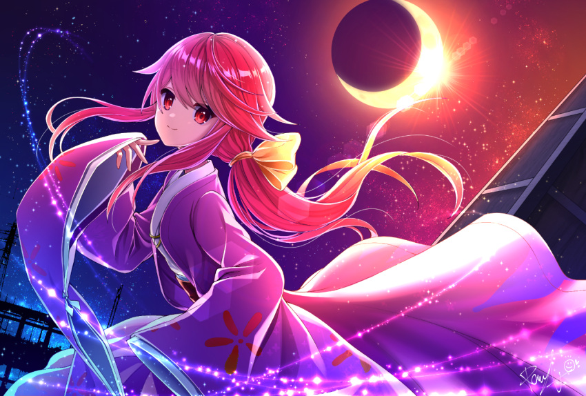 1girl arm_up bangs blush bow closed_mouth coat commentary_request eclipse eyelashes floral_print full_body hair_between_eyes hair_bow japanese_clothes kimono kotohime_(touhou) lens_flare light_particles long_hair long_sleeves looking_at_viewer looking_to_the_side low-tied_long_hair obi open_clothes open_coat purple_coat purple_kimono red_eyes redhead reflection sash sea_scorpion_(umisasori) shiny shiny_hair sidelocks signature sleeves_past_fingers sleeves_past_wrists smile solar_eclipse solo space sparkle standing sun swept_bangs touhou touhou_(pc-98) wide_sleeves yellow_bow