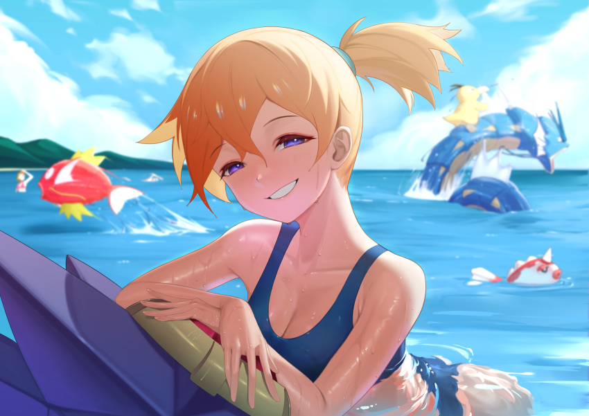 1girl bangs bare_arms bare_shoulders bikini blue_bikini blue_sky breasts clouds collarbone day eyebrows_visible_through_hair goldeen grin gyarados hair_tie half-closed_eyes highres komadera light_blush looking_at_viewer magikarp medium_breasts misty_(pokemon) ocean orange_hair outdoors partially_submerged pokemon ponytail psyduck short_hair sky smile starmie swimsuit violet_eyes water wet