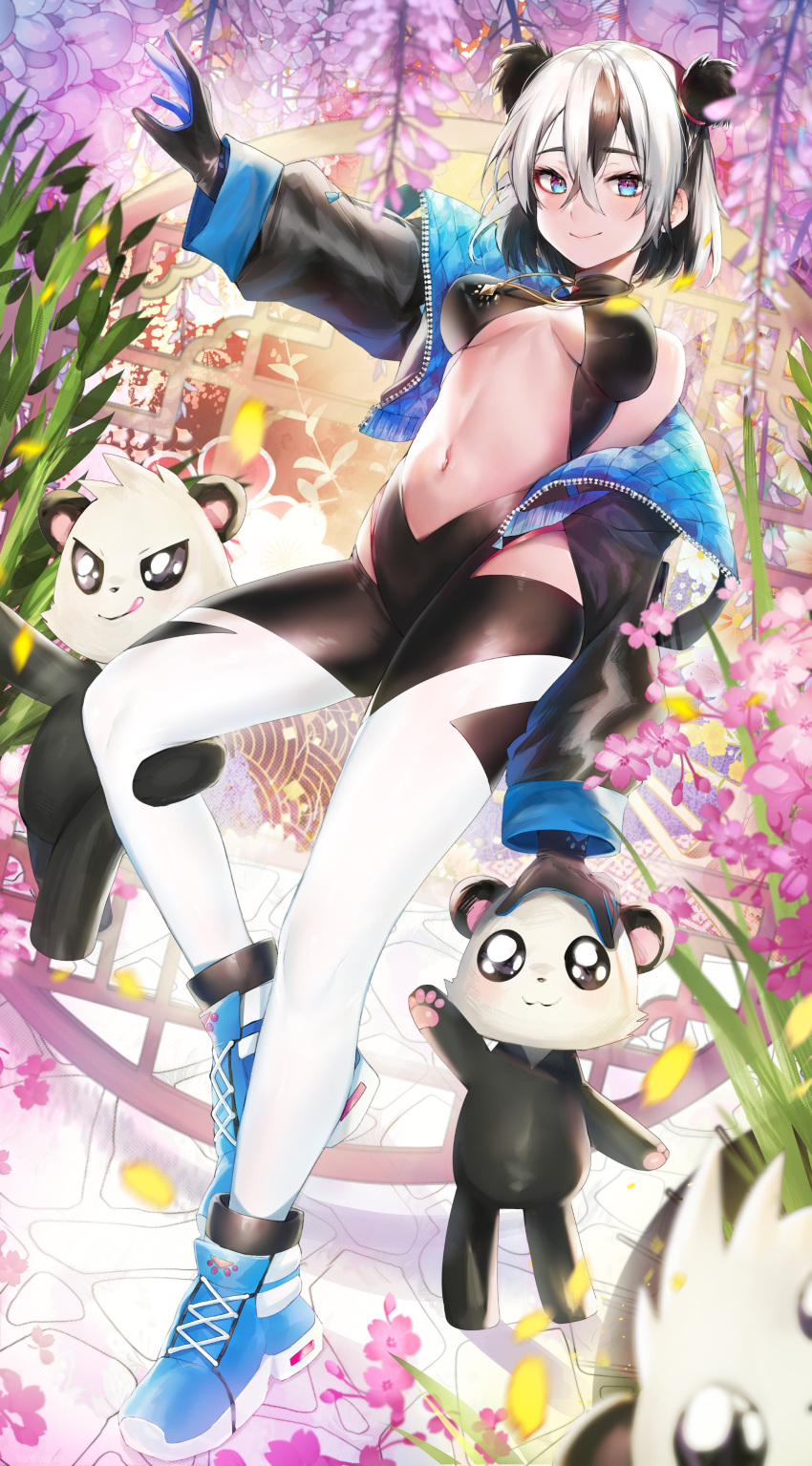 1girl absurdres animal_ears bare_shoulders black_hair black_jacket black_leotard blue_eyes blue_footwear breasts flower highres jacket jewelry kanniiepan leotard long_sleeves looking_at_viewer medium_breasts multicolored_hair navel necklace off_shoulder open_clothes open_jacket original outstretched_arm panda_ears puffy_sleeves purple_flower revealing_clothes samantha_(admiral_bahroo) shoes short_hair smile sneakers solo stomach thigh-highs two-tone_hair umeru_(admiral_bahroo) white_hair white_legwear wisteria