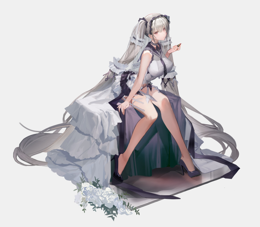 1girl absurdly_long_hair absurdres azur_lane black_footwear black_neckerchief breasts choker commentary cosmetics covered_nipples dress evening_gown flower formidable_(azur_lane) formidable_(timeless_classics)_(azur_lane) full_body grey_background grey_hair high_heels highres large_breasts lipstick_tube long_hair looking_at_viewer neckerchief red_eyes rose sailor_collar simple_background sitting sleeveless sleeveless_dress solo twintails very_long_hair white_flower white_rose you_zhaqi