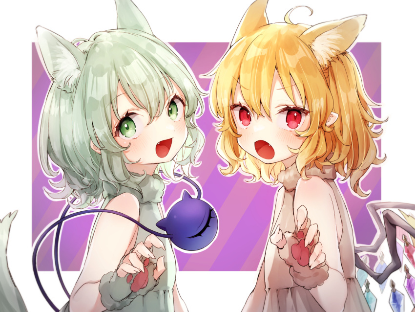 2girls alternate_costume animal_ears bare_shoulders blonde_hair cat_ears crystal dress eyeball fang flandre_scarlet green_eyes green_hair hair_between_eyes honotai komeiji_koishi medium_hair multiple_girls open_mouth paw_pose purple_background red_eyes short_hair sleeveless sleeveless_turtleneck third_eye touhou turtleneck wings